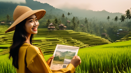 Create an image showcasing the beautiful landscapes of Indonesia, including lush rice terraces, iconic temples, and vibrant cityscapes, with a large, golden visa document overlay that symbolizes the n