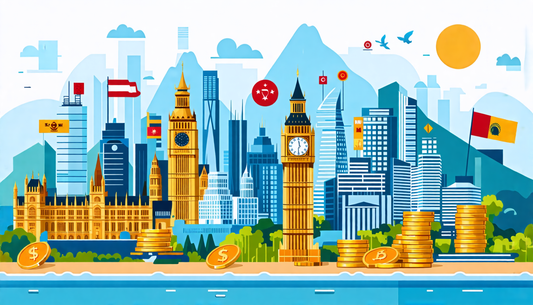 Create an intricate and visually appealing infographic that illustrates the concept of investment-based residency and citizenship programs around the world. Include iconic landmarks representing diffe