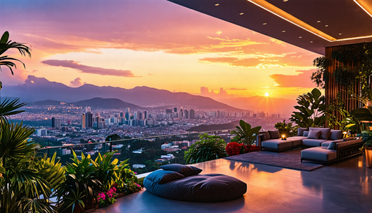 Create an image of a luxurious penthouse in Medellin, Colombia, featuring a stunning city skyline with the Andes mountains in the background. The penthouse should have an open terrace with modern furn